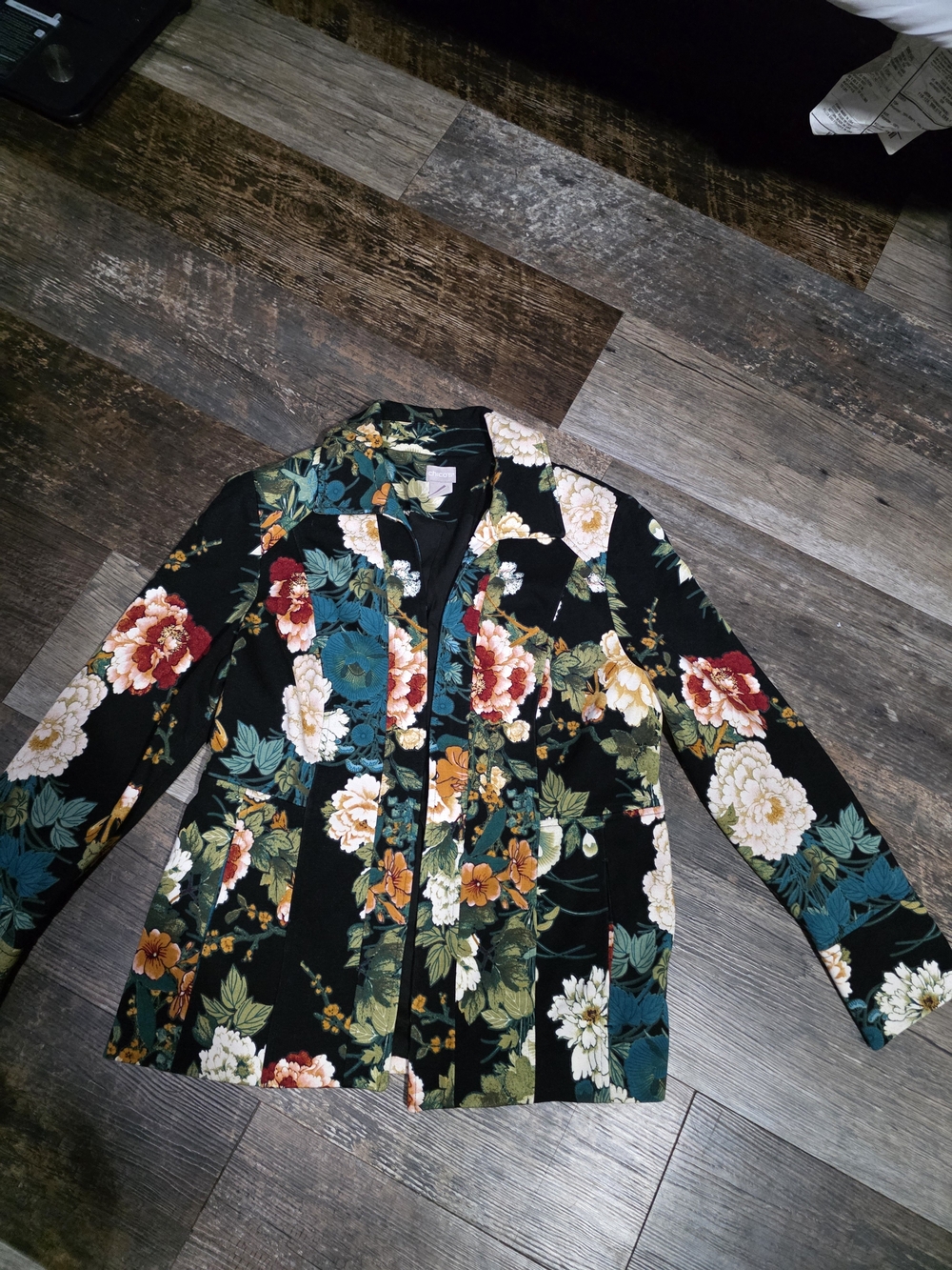 Chico's Black Floral Pattern Jacket with Green and Yellow Accents